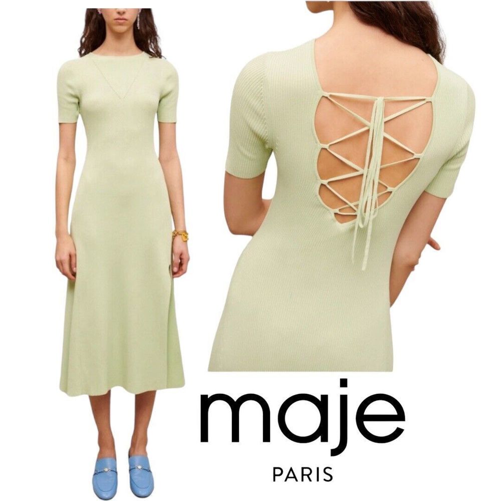 MAJE Verts Ruched‎ Lace-Up Ribbed Stretch-Knit Midi Dress Sz 42 (US XL) $415